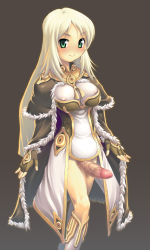 Rule 34 | 1futa, blonde hair, blush, boots, breasts, cape, covered erect nipples, duplicate, erection, fingerless gloves, futanari, gloves, green eyes, high wizard (ragnarok online), highres, knee boots, large breasts, long hair, penis, ragnarok online, see-through, simple background, smile, solo, uncensored, veins, veiny penis, yn red
