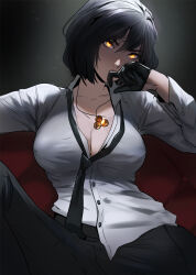 Rule 34 | 1girl, black gloves, black hair, black necktie, black pants, breasts, buttons, collared shirt, female focus, finger to mouth, genshin impact, gloves, head tilt, highres, holy meh, jewelry, knee up, kujou sara, large breasts, long sleeves, loose necktie, necklace, necktie, orange eyes, pants, shirt, short hair, sitting, solo, white shirt