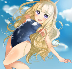 Rule 34 | 10s, 1girl, armpits, artist request, blonde hair, blush, breasts, cagliostro (granblue fantasy), crown, gradient background, granblue fantasy, hair ornament, long hair, navel, purple eyes, smile, solo, swimsuit, thighs, wet, wide hips
