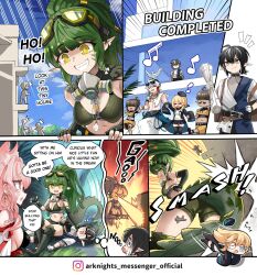 Rule 34 | 3boys, 4girls, animal ears, arknights, bikini, black hair, breasts, breath weapon, breathing fire, cleavage, crocodilian tail, crying, dancing, dreadlocks, dreaming, durin (arknights), dwarf, earrings, elysium (arknights), elysium (shimmering dew) (arknights), english text, facial hair, fire, gas mask, gavial (arknights), gavial the invincible (arknights), giant, giantess, goggles, goggles on head, green hair, grey hair, highres, hm (hmongt), jewelry, large breasts, long hair, mask, medium hair, minimalist (arknights), multicolored hair, multiple boys, multiple girls, mustache, navel, nightmare, official alternate costume, official art, pink hair, pointy ears, pozyomka (arknights), right-to-left comic, sideboob, sleeping, speech bubble, streaked hair, swimsuit, tail, wolf ears, wolf girl