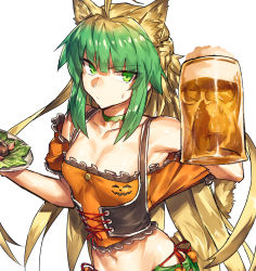 Rule 34 | &gt;:/, 1girl, :/, ahoge, alcohol, alternate costume, animal ears, armpits, atalanta (fate), beer, beer mug, blonde hair, breasts, cat ears, choker, cleavage, closed mouth, commentary, cosplay, cup, fate/apocrypha, fate/grand order, fate (series), green eyes, green hair, long hair, looking at viewer, mata hari (fate), mata hari (fate) (cosplay), mata hari (mata hari&#039;s tavern) (fate), melon22, mug, multicolored hair, navel, off-shoulder shirt, off shoulder, orange shirt, shirt, small breasts, solo, stomach, two-tone hair, v-shaped eyebrows, very long hair