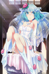 Rule 34 | 1girl, aqua hair, bad id, bad pixiv id, bare shoulders, blue eyes, blush, boots, breasts, cleavage, closed mouth, dress, flower, high heel boots, high heels, jewelry, knee boots, looking away, loup, medium breasts, original, red flower, red rose, ring, rose, short hair, sitting, solo, wedding band, wedding dress, white dress, white footwear