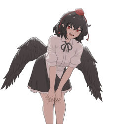 Rule 34 | 1girl, bare legs, bird wings, black hair, black skirt, black wings, breasts, collared shirt, commentary, cowboy shot, english commentary, feathered wings, frilled skirt, frills, happy, hat, highres, leaning forward, looking at viewer, mata (matasoup), medium breasts, medium hair, open mouth, puffy short sleeves, puffy sleeves, red eyes, red hat, shameimaru aya, shirt, short sleeves, skirt, solo, tassel, tokin hat, touhou, white shirt, wings
