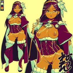 Rule 34 | 1girl, boots, breasts, cape, color guide, commentary request, dark-skinned female, dark skin, earrings, elbow gloves, glasses, gloves, gluteal fold, holding, holding scepter, jewelry, limited palette, medium breasts, micro panties, neone, nipples, original, panties, purple cape, purple eyes, purple hair, scepter, signature, solo, thigh boots, tiara, underwear, white gloves, zoom layer
