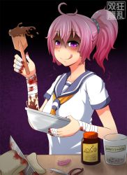 Rule 34 | 1girl, aoba (kancolle), bad food, bandages, blood, blush, chocolate, glowing, glowing eyes, hair between eyes, kantai collection, knife, kyouran souryuu, messy hair, scissors, shaded face, smile, valentine, yandere