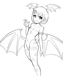 Rule 34 | 1girl, :d, animal print, bare shoulders, bat print, bat wings, bridal gauntlets, cosplay, donburi (donburikazoku), greyscale, hair ornament, hairclip, head wings, highres, idolmaster, idolmaster cinderella girls, leotard, lilith aensland, lilith aensland (cosplay), looking at viewer, monochrome, open mouth, pantyhose, print pantyhose, sasaki chie, short hair, simple background, smile, solo, vampire (game), white background, wings