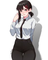 Rule 34 | 1girl, arm behind back, artist name, black eyes, black hair, black necktie, black pants, blush, chainsaw man, closed mouth, collared shirt, commentary request, corrupted twitter file, cowboy shot, hair ornament, hairpin, hand up, higashiyama kobeni, highres, looking at viewer, mole, mole on cheek, mole under eye, multiple hairpins, multiple moles, necktie, pants, penguinwhodraw, shadow, shirt, short ponytail, simple background, single sidelock, solo, spanish commentary, sweatdrop, white background, white shirt