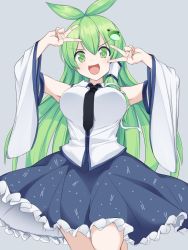 Rule 34 | 1girl, :d, antenna hair, arms up, bare shoulders, black necktie, blue skirt, breasts, commentary request, cowboy shot, detached sleeves, double v, frog hair ornament, green eyes, green hair, grey background, hair between eyes, hair ornament, hair tubes, kochiya sanae, large breasts, long hair, long sleeves, looking at viewer, momendoufu, necktie, open mouth, petticoat, shirt, simple background, single sidelock, skirt, smile, snake hair ornament, solo, standing, touhou, v, very long hair, white shirt, wide sleeves