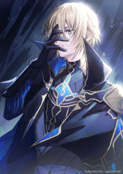 Rule 34 | 1boy, black gloves, black jacket, black shirt, blonde hair, blue eyes, commentary request, coyucom, dainsleif (genshin impact), eyebrows hidden by hair, genshin impact, gloves, hair between eyes, hand on own face, hand up, highres, jacket, long sleeves, looking away, male focus, open clothes, open jacket, parted lips, pixiv id, shirt, solo
