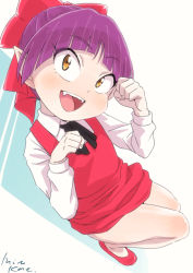 Rule 34 | 1girl, cat girl, dress, gegege no kitarou, gegege no kitarou 6, legs together, looking at viewer, mizukane, nekomusume, nekomusume (gegege no kitarou 6), open mouth, pointy ears, short hair, simple background, smile, solo, spoilers, white background, aged down