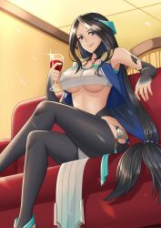 Rule 34 | 1girl, bare arms, bare shoulders, black hair, blue eyes, breasts, clothing request, commission, corrupted twitter file, couch, crossed legs, cup, drinking glass, hair ornament, highres, holding, holding cup, indoors, japanese clothes, large breasts, loincloth, long hair, looking at viewer, on couch, sadeena, sadina (tate no yuusha no nariagari), sarashi, second-party source, sitting, smirk, solo, stomach, tate no yuusha no nariagari, underboob, villyane, wine glass