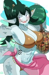 Rule 34 | 1girl, bikini, blue skin, blush, breasts, cameltoe, cleavage, colored skin, commentary, ear piercing, english commentary, fins, fish girl, gills, green hair, highres, large breasts, lightsource, long hair, monster girl, navel, net, open mouth, original, piercing, pointy ears, ponytail, purple eyes, sarong, see-through, shark girl, sharp teeth, solo, swimsuit, teeth, toned
