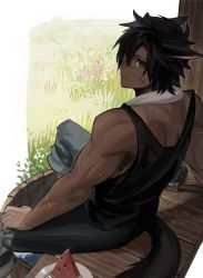 Rule 34 | 1boy, animal ears, arm support, warrior of light (ff14), black hair, black tail, black tank top, closed mouth, dark-skinned male, dark skin, day, fictional persona, final fantasy, final fantasy xiv, flower, grass, green eyes, grey pants, hair between eyes, hand on lap, looking at viewer, looking back, male focus, miqo&#039;te, mn (zig r14), pants, plate, purple flower, scar, scar on arm, scar on face, short hair, sitting, soaking feet, solo, sweat, tail, tank top, toned, toned male, towel, towel around neck, twitter username, veranda, washbowl, watermelon, watermelon slice, white flower, white towel