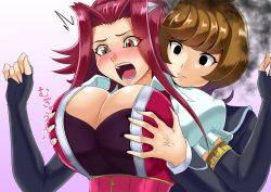 Rule 34 | 2girls, blush, breast envy, grabbing another&#039;s breast, breasts, brown eyes, brown hair, cleavage, grabbing, highres, izayoi aki, large breasts, multiple girls, muto dt, open mouth, red hair, upper body, yu-gi-oh!, yu-gi-oh! 5d&#039;s, yu-gi-oh! vrains, yuri, yuu-gi-ou, yuu-gi-ou vrains, zaizen aoi