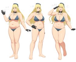 Rule 34 | 10s, 1girl, atago (kancolle), belly, bikini, black gloves, blonde hair, blue bikini, breasts, cleavage, curvy, closed eyes, full body, gloves, green eyes, hand on own hip, hat, highres, kantai collection, large breasts, long hair, looking at viewer, lvl (sentrythe2310), multiple views, navel, open mouth, plump, salute, simple background, skindentation, smile, standing, swimsuit, thighs, white background