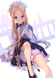 Rule 34 | 1girl, abigail williams (fate), abigail williams (festival outfit) (fate), absurdres, black dress, black footwear, blonde hair, bloomers, blue eyes, blush, braid, butterfly hair ornament, closed mouth, dress, dutch angle, fate/grand order, fate (series), food, forehead, fruit, hair ornament, heroic spirit chaldea park outfit, highres, holding, holding tray, keyhole, knee up, long sleeves, looking at viewer, official alternate costume, parted bangs, shanguier, shirt, shoes, sleeveless, sleeveless dress, sleeves past fingers, sleeves past wrists, solo, strawberry, tray, underwear, white bloomers, white shirt
