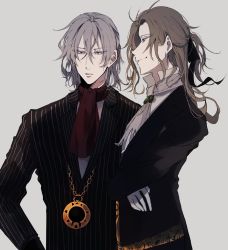 Rule 34 | 2boys, antonio salieri (fate), bad id, bad twitter id, black ribbon, blonde hair, fate/grand order, fate (series), formal, gem, gloves, grey hair, hair between eyes, hair ribbon, highres, jewelry, light brown hair, long hair, long sleeves, multiple boys, necklace, parted lips, pinstripe pattern, pinstripe suit, red eyes, red scarf, ribbon, scarf, shirt, smile, standing, striped, suit, upper body, white background, white gloves, white shirt, wolfgang amadeus mozart (fate)