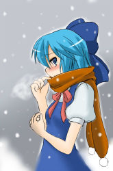 Rule 34 | 1girl, blush, cirno, dress, female focus, gradient background, masakichi (heppouku), outdoors, perfect cherry blossom, scarf, sky, snow, snowing, solo, touhou