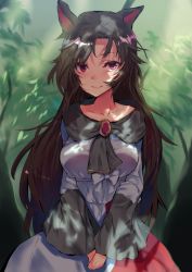 Rule 34 | 1girl, animal ears, asuzemu, breasts, brooch, brown hair, collarbone, dappled sunlight, day, dress, forest, imaizumi kagerou, jewelry, large breasts, leaf, long sleeves, looking at viewer, nature, outdoors, plant, red eyes, shade, solo, sunlight, touhou, tree, tree shade, wide sleeves, wolf ears
