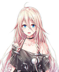 Rule 34 | 1girl, :d, ahoge, akira (been0328), bad id, bad pixiv id, black choker, black shirt, blue eyes, blush, braid, choker, collarbone, commentary, hair between eyes, hair ornament, ia (vocaloid), light brown hair, long hair, looking at viewer, off-shoulder shirt, off shoulder, open mouth, shirt, short sleeves, side braids, simple background, smile, solo, twin braids, very long hair, vocaloid, white background