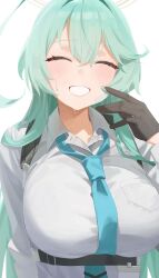 Rule 34 | 1girl, absurdres, ahoge, blue archive, blue necktie, blush, breasts, closed eyes, collared shirt, facing viewer, green hair, grin, highres, large breasts, long hair, long sleeves, mm (mhm2592), necktie, shirt, simple background, smile, solo, upper body, white background, white shirt, yume (blue archive)