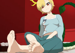 Rule 34 | 1girl, absurdres, antlers, barefoot, blonde hair, bonobo (gma), dragon horns, dragon tail, feet, highres, horns, kicchou yachie, looking at viewer, red eyes, short hair, smile, soles, tail, tissue box, toes, touhou, yellow horns