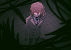 Rule 34 | 1boy, akechi gorou, arms at sides, blazer, brown hair, closed mouth, expressionless, from above, glaring, gloves, hair between eyes, highres, jacket, looking at viewer, looking up, male focus, necktie, persona, persona 5, red eyes, rituka, shadow, short hair, solo, standing, striped necktie, vertical-striped clothes, vertical-striped necktie