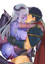 Rule 34 | 1boy, 1girl, arachne, armor, arthropod girl, blue hair, blue skin, breasts, cape, closed eyes, colored skin, commission, dark blue hair, fire emblem, french kiss, gloves, hetero, highres, horns, ike (fire emblem), insect girl, kiss, large breasts, leg lock, light blush, monster girl, nintendo, original, pointy ears, purelove acc, red cape, sex, shoulder armor, simple background, skeb commission, spider girl, suspended congress, sweat, tattoo, taur, tongue, tongue out, white background, white hair