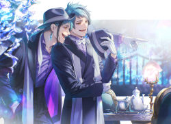 Rule 34 | :d, arm around shoulder, aura, black coat, black hair, black headwear, black pants, blue hair, blurry, blurry background, bow, bowtie, brothers, buttons, chair, coat, collared shirt, cowboy shot, creamer (vessel), cup, double-breasted, dress shirt, ear piercing, elbow rest, fedora, flower, floyd leech, gloves, hand in pocket, hand on own elbow, hand up, hat, unworn hat, unworn headwear, highres, holding, holding clothes, holding hat, inuganeteru, jacket, jade leech, lamp, leaning forward, long sleeves, looking away, male focus, multicolored hair, multiple boys, open mouth, outstretched arm, pants, piercing, pointing, profile, purple shirt, rable, railing, saucer, scarf, seashell, sharp teeth, shell, shirt, short hair, siblings, smile, stole, streaked hair, tea set, teacup, teapot, teeth, tray, twisted wonderland, untied, white bow, white bowtie, white gloves, white scarf, wing collar, wisteria, yellow eyes