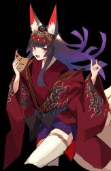 Rule 34 | 1girl, absurdres, animal ear fluff, animal ears, black background, black hair, blue hair, facial mark, flame print, fox ears, fox girl, fox shadow puppet, fox tail, highres, holding, holding mask, japanese clothes, kimono, kitsune, laurel crown, long hair, long sleeves, looking at viewer, mask, unworn mask, multicolored hair, open mouth, purple eyes, purple hair, red kimono, shadowverse, simple background, sketch, smile, solo, tail, takaha4 mei, teeth, thighhighs, tongue, two-tone hair, whisker markings, white thighhighs, wide sleeves