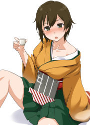 Rule 34 | 10s, 1girl, :o, bare shoulders, blush, brown eyes, brown hair, choko (cup), cup, drunk, hiryuu (kancolle), kantai collection, looking at viewer, off shoulder, short hair, simple background, solo, white background, youkan