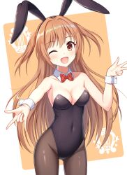 Rule 34 | 1girl, animal ears, black leotard, black pantyhose, bow, bowtie, breasts, brown eyes, brown hair, cleavage, cowboy shot, detached collar, fake animal ears, foreshortening, highres, leotard, long hair, looking at viewer, medium breasts, nozomi (princess connect!), one eye closed, open mouth, pantyhose, plaid, plaid bow, plaid bowtie, playboy bunny, princess connect!, rabbit ears, red bow, red bowtie, sei kousen, smile, solo, strapless, strapless leotard, two side up, v, wrist cuffs