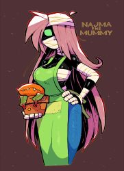 Rule 34 | 1girl, absurdres, apron, bandages, bandaged arm, bandages, black skin, blue pants, breasts, brown background, carnivorous plant, character name, cleavage, colored skin, cropped legs, denim, green apron, hair over one eye, hand on own hip, highres, holding, jeans, large breasts, long hair, looking at viewer, mummy, najma (rariatto), one eye covered, original, pants, pink hair, plant, potted plant, rariatto (ganguri), sarashi, solo, very long hair