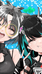 Rule 34 | 2girls, black dress, black hair, black nails, blue background, blue hair, blush, breasts, closed eyes, closed mouth, commentary request, demon girl, demon horns, dress, eye hair ornament, eye of providence, fang, fang out, fingernails, glasses, grey hair, grey wings, head wings, heart, highres, horns, medium bangs, medium breasts, medium hair, multicolored hair, multiple girls, nanashi inc., official alternate costume, open mouth, oura rukako, oura rukako (2nd costume), panyatteria, parted bangs, round eyewear, shishio chris, shishio chris (3rd costume), short hair, sleeveless, sleeveless dress, smile, star (symbol), streaked hair, teeth, two-tone hair, upper body, upper teeth only, virtual youtuber, white hair, wings, yellow-framed eyewear