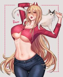 Rule 34 | 1girl, alternate costume, animal, animal on shoulder, arms up, artist logo, blonde hair, blue pants, blush, breasts, casual, cat, chainsaw man, cowboy shot, cropped sweater, denim, english text, grey background, hair between eyes, highres, horns, huge breasts, jeans, large breasts, long hair, long sleeves, looking at viewer, meowy (chainsaw man), midriff, navel, open mouth, orange eyes, pants, power (chainsaw man), raoul (raoul77), red horns, red sweater, sharp teeth, stomach, sweater, teeth, underboob, very long hair