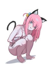 Rule 34 | 1girl, animal ears, blue eyes, blush, bocchi the rock!, breasts, cat ears, cat tail, covering privates, covering breasts, cube hair ornament, fake animal ears, fake tail, gotoh hitori, hair between eyes, hair ornament, highres, jacket, long hair, looking at viewer, medium breasts, nude, one side up, open mouth, pink hair, ryuuforkaf, simple background, sitting, solo, sweatdrop, swimsuit, tail, white background