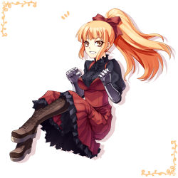 Rule 34 | 1girl, armor, blonde hair, boots, bow, character request, cross-laced footwear, dress, female focus, full body, gauntlets, grin, hair bow, knee boots, long hair, matching hair/eyes, orange eyes, orange hair, original, ponytail, sitting, smile, solo, tsuki to kage, tsuki tokage, yellow eyes