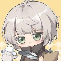 Rule 34 | 1boy, absurdres, ai chi guobaoyou, bird, black scarf, brown coat, chibi, closed mouth, coat, green eyes, grey hair, head tilt, highres, holding, holding paper, holding quill, looking at animal, male focus, paper, quill, reverse:1999, scarf, short hair, smile, solo, upper body, yellow background, zima (reverse:1999)