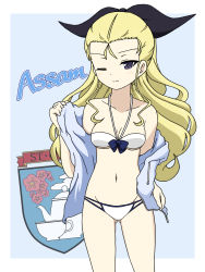 Rule 34 | 1girl, ;), assam (girls und panzer), bikini, black ribbon, blonde hair, blue background, blue eyes, border, bow, bow bikini, breasts, character name, cleavage, closed mouth, commentary request, cowboy shot, emblem, girls und panzer, groin, hair pulled back, hair ribbon, halterneck, highres, hood, hoodie, hoodie pull, ichinose jun, long hair, looking at viewer, medium breasts, navel, no pants, one eye closed, open clothes, open hoodie, outside border, pulled by self, ribbon, smile, solo, st. gloriana&#039;s (emblem), standing, swimsuit, white bikini, white border