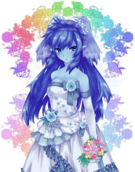 Rule 34 | 00s, 1girl, alternate hairstyle, blue bow, blue eyes, blue hair, blue skin, bouquet, bow, bridal veil, bride, celsius (tales), colored skin, dress, expressionless, floral background, flower, frills, hair flower, hair ornament, highres, jewelry, long hair, matching hair/eyes, necklace, nijigami rin, pointy ears, rose, solo, strapless, strapless dress, tales of (series), tales of eternia, two side up, veil, wedding dress, white dress