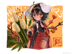 Rule 34 | 1girl, 2023, :q, ahoge, alcohol, alternate costume, animal ears, bamboo, black hair, blush, bottle, branch, choko (cup), closed mouth, coat, commentary request, cowboy shot, crossed bangs, cup, flat chest, floppy ears, flower, hair between eyes, happi, happy new year, highres, holding, holding bottle, holding cup, inaba tewi, japanese clothes, kadomatsu, looking at viewer, new year, pink flower, rabbit ears, rabbit girl, red coat, red eyes, sake, short hair, solo, tokkuri, tongue, tongue out, touhou, wavy hair, zhu xiang