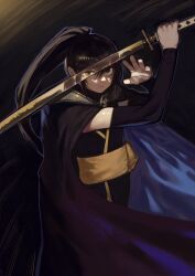 Rule 34 | 1girl, artist name, black background, black cape, black hair, black shirt, black sleeves, brown eyes, bukimi isan, cape, commentary request, covering one eye, cowboy shot, detached sleeves, english text, hands up, highres, holding, holding weapon, katana, long hair, looking at viewer, ponytail, shirt, shy (series), simple background, solo, sword, tennouji mai (shy), weapon