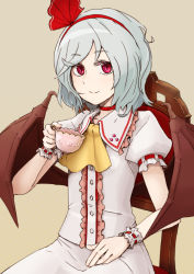 Rule 34 | 1girl, absurdres, ascot, bad id, bad pixiv id, bat wings, chair, choker, cup, female focus, hairband, halftone, halftone background, highres, kusugi tai, no headwear, red eyes, remilia scarlet, short hair, silver hair, sitting, slit pupils, smile, solo, teacup, touhou, wings, wrist cuffs