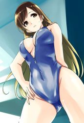 Rule 34 | 10s, 1girl, breasts, brown eyes, brown hair, cleavage, cleavage cutout, clothing cutout, from below, front zipper swimsuit, gustav (telomere na), hand on own hip, idolmaster, idolmaster cinderella girls, large breasts, long hair, looking to the side, meme attire, nitta minami, one-piece swimsuit, solo, sweatdrop, swimsuit, unzipped