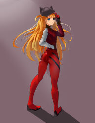 Rule 34 | 1girl, absurdres, adjusting clothes, adjusting headwear, artist request, ass, blue eyes, blush, bodysuit, bodysuit under clothes, brown hair, evangelion: 3.0 you can (not) redo, eyepatch, full body, grey background, hand in pocket, hat, hat ornament, highres, jacket, legs, long hair, looking at viewer, looking back, neon genesis evangelion, plugsuit, rebuild of evangelion, red bodysuit, red jacket, solo, souryuu asuka langley, thighs, track jacket, tsundere, very long hair, wide hips