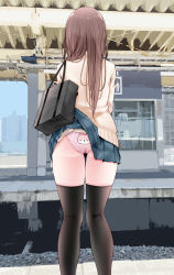 Rule 34 | 1girl, accidental exposure, animal print, ass, bag, black thighhighs, blue skirt, brown hair, cat panties, cat print, clothes lift, day, facing away, feet out of frame, from behind, highres, long hair, miniskirt, ol-chan (oouso), oouso, original, outdoors, panties, pink panties, pleated skirt, print panties, shoulder bag, skirt, skirt caught on object, skirt lift, solo, standing, sweater, thighhighs, underwear, wardrobe malfunction, yellow sweater