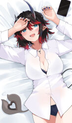 Rule 34 | 1girl, absurdres, alternate costume, black hair, black nails, black panties, blue eyes, bra, breasts, cellphone, cleavage, collared shirt, cross, cross necklace, ear piercing, fang, highres, horns, jewelry, large breasts, long sleeves, medium hair, multicolored hair, nanashi inc., necklace, open mouth, panties, phone, piercing, pointy ears, red hair, ryugasaki rene, shirt, smartphone, smile, solo, tail, underwear, virtual youtuber, white shirt, zono (inokura syuzo029)
