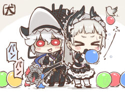 &gt;_&lt; 2girls akanotanin13 arknights balloon bird black_dress black_hat chibi circular_saw dress grey_hair hat head_wings holding holding_weapon irene_(arknights) long_hair long_sleeves maid_headdress multiple_girls official_alternate_costume open_mouth red_eyes saw signature smile specter_(arknights) specter_the_unchained_(arknights) standing very_long_hair weapon white_hair wings