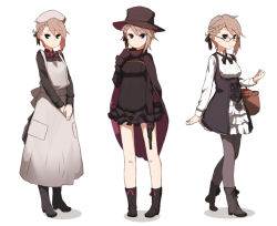 Rule 34 | 10s, 1girl, amonitto, ange (princess principal), blue eyes, boots, bow, bowtie, braid, brown hair, cape, commentary request, dress, french braid, frilled skirt, frills, glasses, gloves, gun, hair ribbon, handgun, hat, long skirt, looking at viewer, maid, multiple views, nurse, princess principal, revolver, ribbon, short dress, short hair, side braid, simple background, skirt, top hat, underbust, variations, victorian, victorian maid, weapon, white background