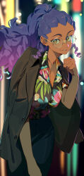 Rule 34 | 1girl, absurdres, black coat, black skirt, breasts, buttons, cleavage, clenched hand, coat, collarbone, collared shirt, commission, curly hair, dark-skinned female, dark skin, eyelashes, fingernails, floral print, glasses, gradient hair, highres, ibaraki shun, long hair, looking at viewer, medium breasts, multicolored hair, nail polish, neon lights, office lady, orange nails, original, parted lips, pink hair, ponytail, purple hair, round eyewear, shirt, skeb commission, skirt, smile, solo, standing, yellow eyes